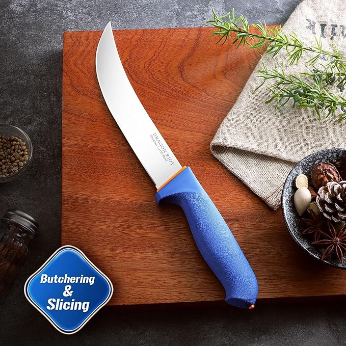 DRAGON RIOT Premium Butcher Breaking Knife 8 Inch, Curved Caving and Slicing Knife in High Carbon Stainless Steel,Razor Sharp Birsket Knives,Cimeter Breaking Blade for Meat Cutting,Ideal Gift for Men