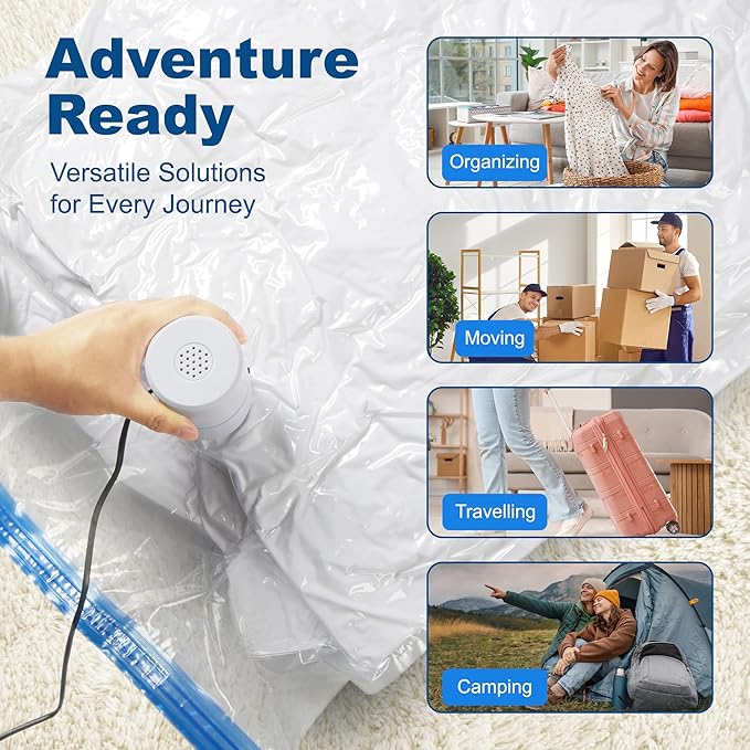 HOUSE DAY 22 Pack Vacuum Seal Bags For Clothing Travel, Vacuum Bags With Electric Pump, Vacuum Sealer Bag for Clothes, Comforters, Blankets, Pillows, Moving (4XL/4L/4M/4S/2S Roll/2XS Roll/2XXS Roll)