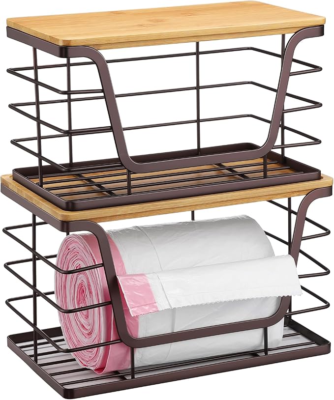 ALOCEO 2 Pack Stackable Wire Storage Basket with Bamboo Lip, Trash Bag Dispenser Under Sink for 4-13 Gal Bags, Kitchen Storage Bins for Potato and Onion, Brown