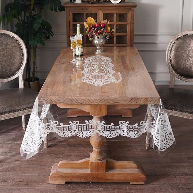 Rectangle Waterproof Clear Table Cover Protector Vinyl Table Cloth Oil Spill Proof Wipe Clean Lace Plastic Tablecloths for Dining Tables (White, 60 x 104 Inches)