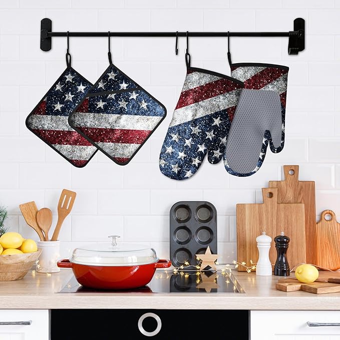 American Flag Oven Mitts and Pot Holders Sets 4Pcs Silicone Non-Slip Mitts Heat Resistant Gloves Hot Pads for Kitchen Cooking Baking Grilling BBQ