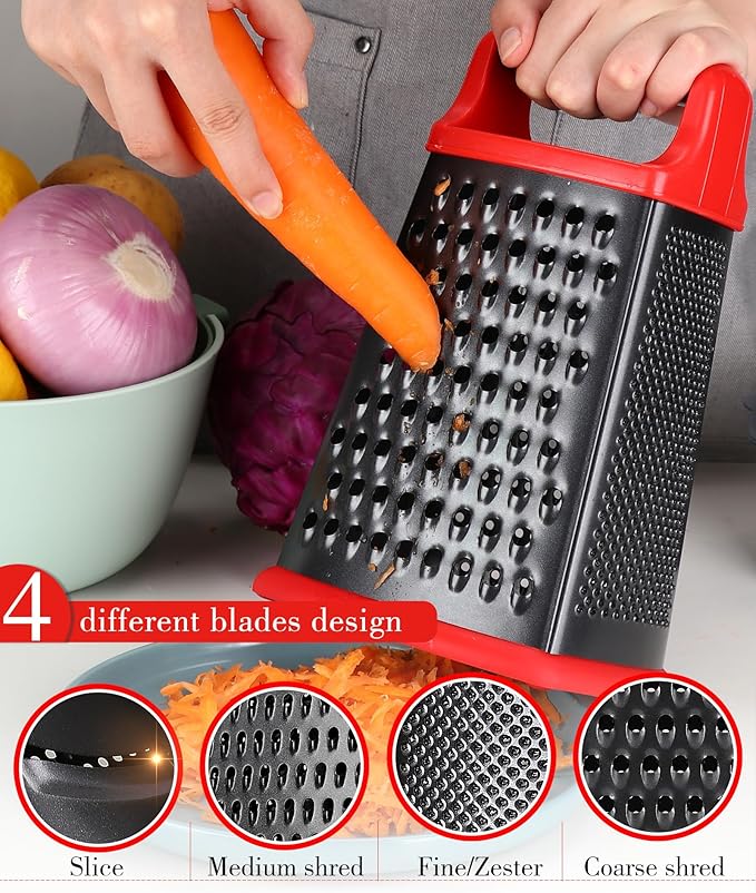 Ourokhome Cheese Grater with Handle, Stainless Steel Box Grater, 4 Side Kitchen Vegetable Shredder Slicer Zester with Container for Parmesan, Cabbage, Ginger, Lemon, Chocolate, Coconut (Red and Black)