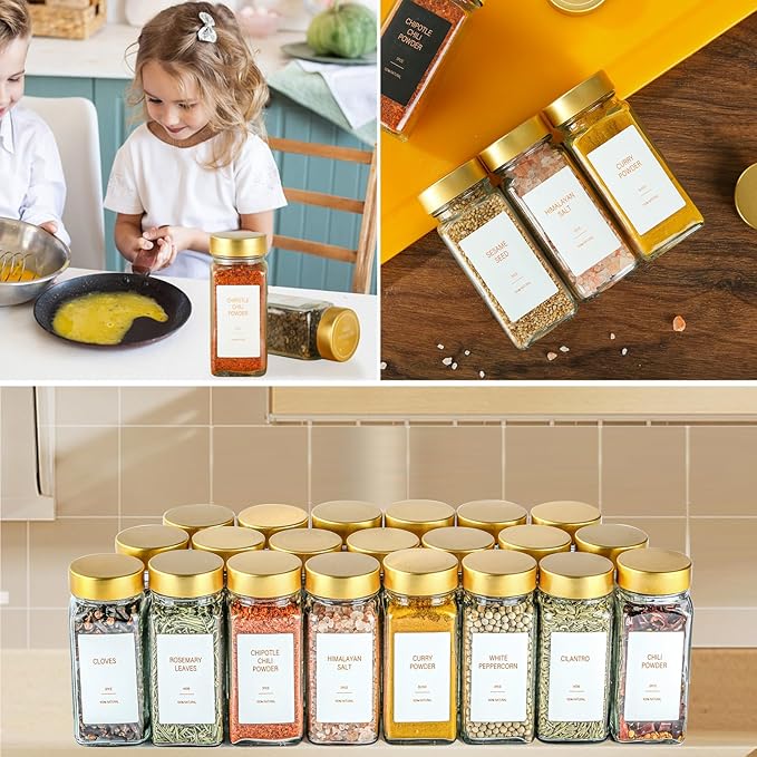 Gold Spice Jars with Label，4oz Seasoning Containers, Glass Spice Bottles with Shaker Lids,Funnel, Chalk Pen for Cabinet，Drawer，Rack (48)