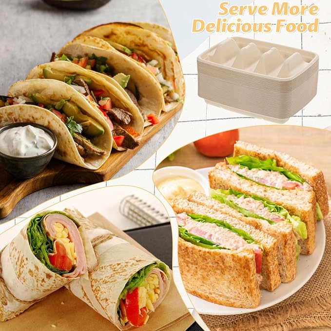 150Pcs Disposable Taco Holders for Party, Premium Bagasse Pulp Taco Plates, Taco Plates with 3 Dividers, 3-Slot Taco Tray Holder, Taco Bar Serving Set for Party Taco Tuesday Hot Dog Sandwich