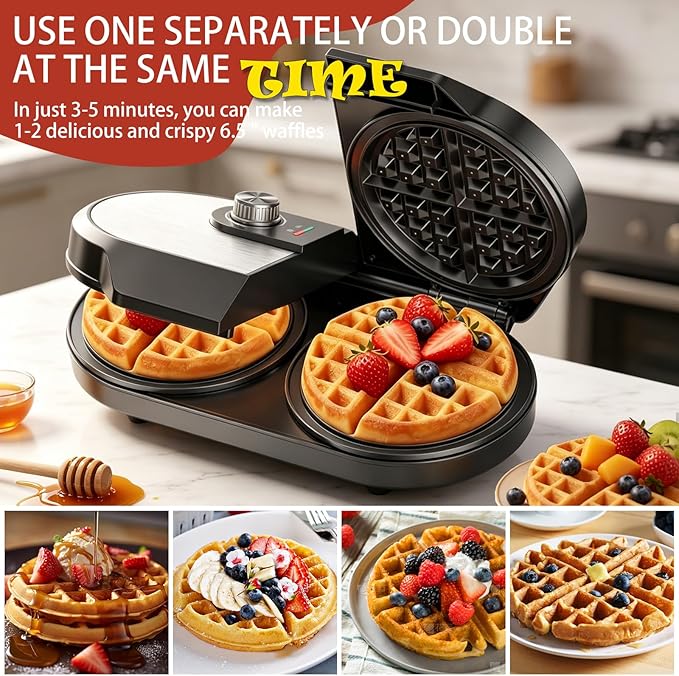 Double Waffle Maker, 6.5" Belgian Waffle Maker with 2 Independent Adjustable Temp Knobs, 1200W Waffle Iron with Nonstick Plates for Breakfast and Snacks, Easy to Clean, Stainless Steel, Black