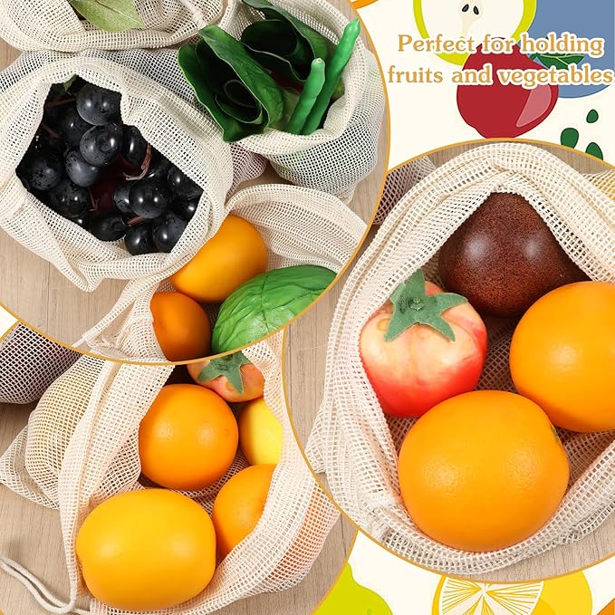 Larrel 6 Pack Reusable Mesh Produce Bags, Multi-Size Vegetable Bags Set with Drawstring, Washable Portable Mesh Grocery Bag for Vegetables Fruits Grocery Shopping Refrigerator Storage Travel