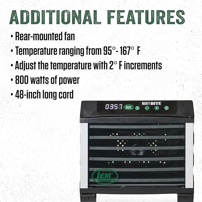 LEM Products MightyBite 6-Tray Dehydrator, Food Dehydrator for Beef Jerky, Meat, Vegetables, and Fruits, Includes Dryer Machine and 6 Trays, Black