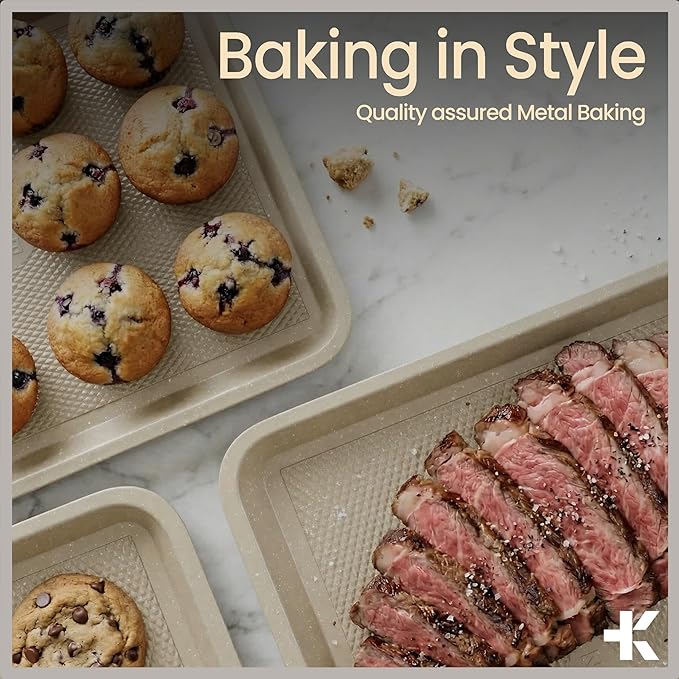 Diamond Bottom Cookie Sheet Set of 2, Nonstick White Marble Carbon Steel Baking Pans for Crisp Baking, Space-Saving Stackable Trays, PFOA, PFOS, PTFE Free, Oven Safe Up to 450°F, Small & Medium Pans