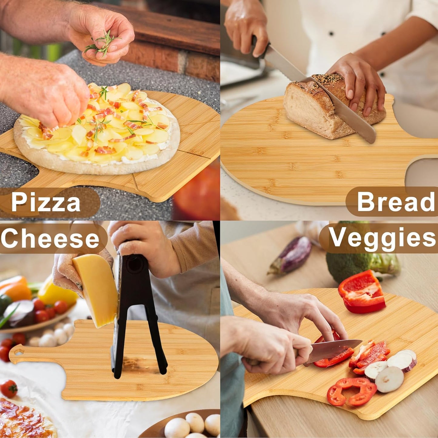 Pizza Peel Wooden, 4 Pack of 12 Inch Pizza Spatula Wood Non-Stick, Bamboo Pizza Paddle as Cutting Board with Cutting Grooves for Easy Pizza and Bread Making
