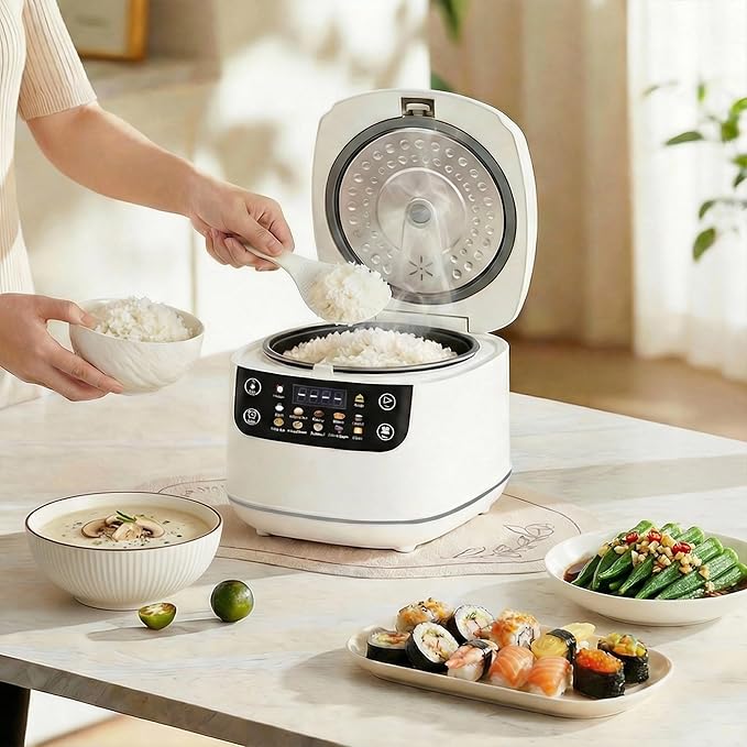 Portable Digital Rice Cooker, 6-Cup (Uncooked)/12-Cup (Cooked) Small Rice Maker with Steaming Basket, Mini Rice Cooker with 2L Removable Nonstick Inner Pot, 10 Menu Options, Auto Keep Warm, 24 Hour Delay Timer, White