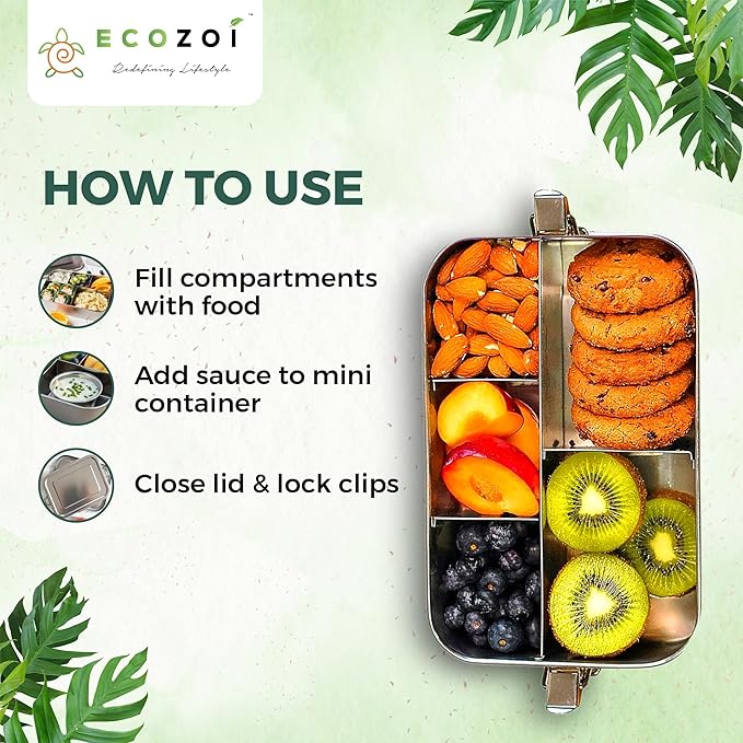 ecozoi Stainless Steel Lunch Box, 1-Tier Metal Bento Box Leak Proof with 5 Compartments, 50 Oz Metal Lunch Container, Meal Prep Food Container, with 50 ml Sauce Container