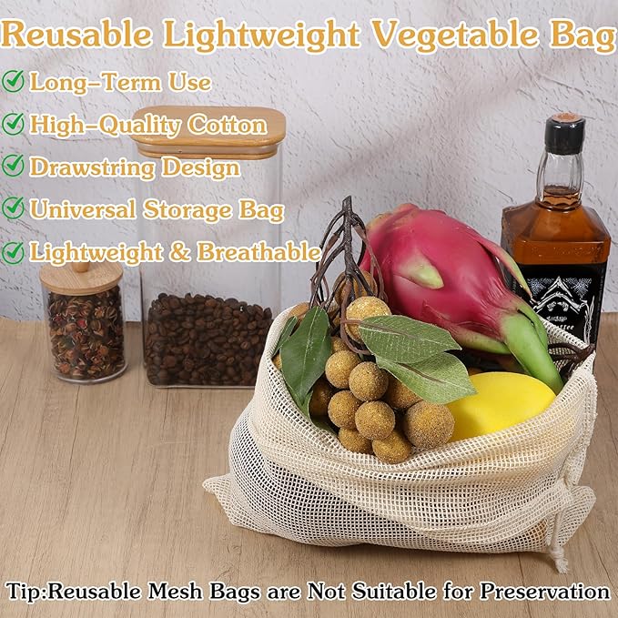 Larrel 6 Pack Reusable Mesh Produce Bags, Multi-Size Vegetable Bags Set with Drawstring, Washable Portable Mesh Grocery Bag for Vegetables Fruits Grocery Shopping Refrigerator Storage Travel