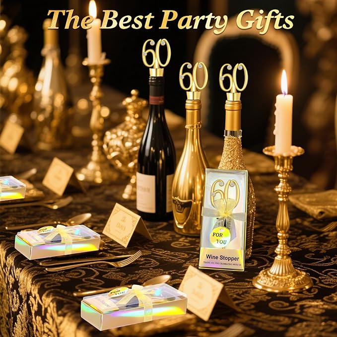 30Pcs 60th Birthday Wine Stopper Party Favors Gold Wedding Favor Wine Bottle Anniversary Wine Stopper Souvenirs for Guests Wine Bottles Stopper Decorative for Wedding Anniversary Parties(60th)