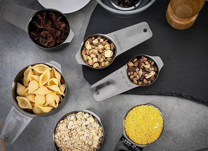 Set of 7 Heavy Duty Measuring Cups, 18/8 Stainless Steel with Ring Connector, Dark Grey