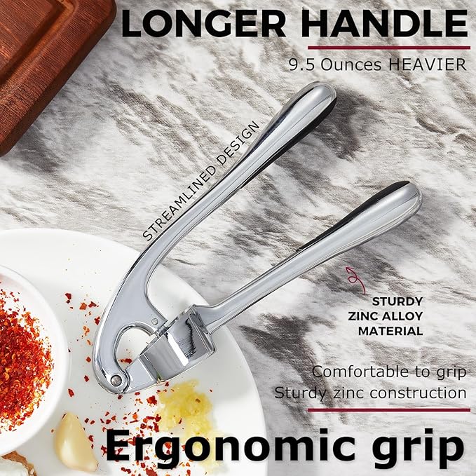 Kitessensu High Effective Premium Garlic Press Set, With Silicone Garlic Peeler & Brush, Heavy Duty Garlic Mincer, Easy to Squeeze and Clean, Rust Proof & Dishwasher Safe - Gloss Silver