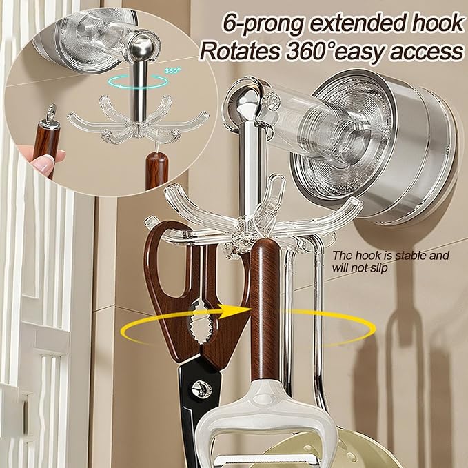 MFMYEE Kitchen Suction Cup Hook, 360 Degree Rotating Storage with Multiple Claws, Punch-Free Organizer, Shower Suction Cup with 6 Hooks (Transparent)