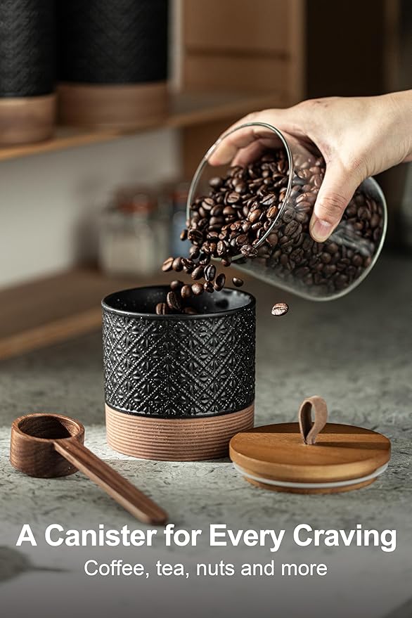 Miamolo Ceramic Jars with Lid, Small Coffee Canister with Lid, Kitchen Food Storage Jars for Sugar Loose Leaf Tea Candy, Decorative Jar for Countertop, Pantry, Coffee Bar Accessories Black & 20 fl.oz
