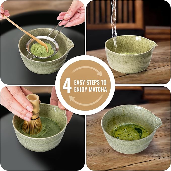 Matcha Whisk Set, Matcha Making Kit Whisk (Chasen Holder), Ceramic Whisk Holder (White), Bamboo Scoop, Powder Starter Sifter, Spoon Japanese Tea Tools For Ceremony Gift