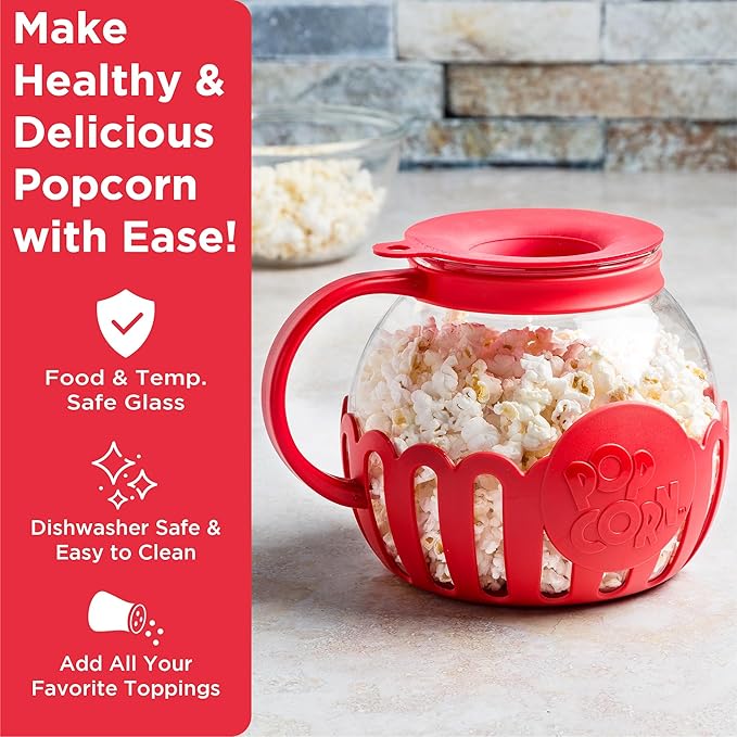 Ecolution Patented Micro-Pop Microwave Popcorn Popper with Temperature Safe Glass,3-in-1 Lid Measures Kernels and Melts Butter,Made Without BPA,Dishwasher Safe,3-Quart,Red,(Pack of 4)