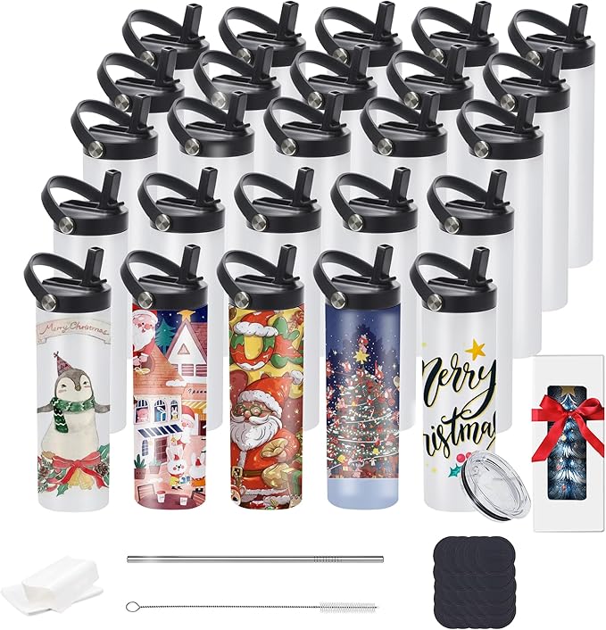 25 Pack 20oz Sublimation Tumblers Bulk With Flat Edge, 20OZ Flat Sublimation Tumbler Blank, Skinny Straight Stainless Steel Blanks Cups with Individual Box (25, 20OZ HANDLE A)