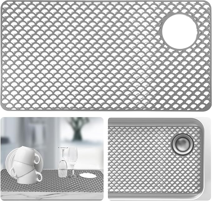 Sink Protectors for Kitchen Sinks - Large 28.4“ x 15” with Right Side Top Hole Heat Resistant Easy to Clean Non-Slip Kitchen Sink Mat for Kitchens Sinks Stainless Steel Bottom (Grey) - 72x38CM