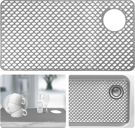 Sink Protectors for Kitchen Sinks - Large 28.4“ x 15” with Right Side Top Hole Heat Resistant Easy to Clean Non-Slip Kitchen Sink Mat for Kitchens Sinks Stainless Steel Bottom (Grey) - 72x38CM