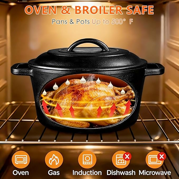 6 Piece Pre-Seasoned Cast Iron Cookware Set – Incl. 5QT Dutch Oven with Lid, 8'' and 10.25'' Cast Iron Skillets, 10.5'' Round Griddle, and a Square Grill Pan for Kitchen, Stovetop, & Camping