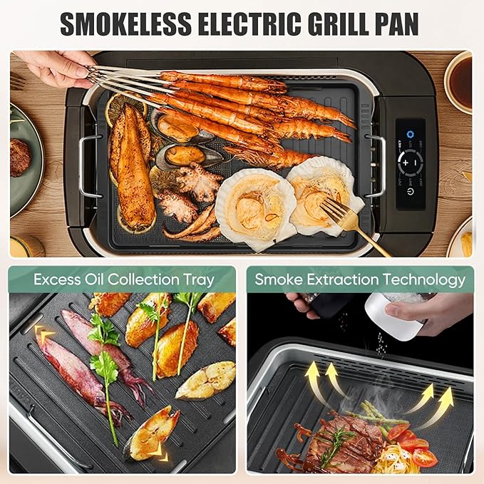 Smokeless Indoor Grill, Electric Indoor Grill for Korean BBQ with Dual-Turbo Smoke Extractor, LED Smart Display & Dual-Zone Nonstick Grill Plates, 6-Level Temp Control, Dishwasher Safe