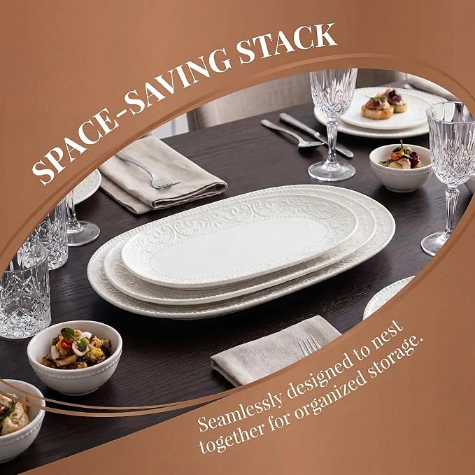 Oval Serving Platter, 14"/12"/10" Ceramic Serving Platters, Embossed White Serving Plates, Stackable Porcelain Tray for Appetizer, Dessert, Pasta, Sushi, Oven Dishwasher Safe, Set of 3, Family Dining
