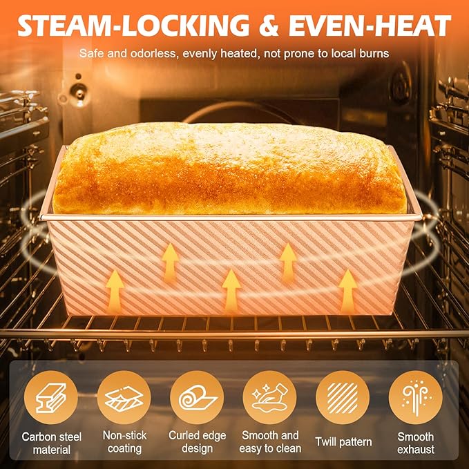 2Pack Bread Loaf Pan with Lids 1 LB Dough Capacity, Non-Stick Carbon Steel Pullman Loaf Pan for Homemade Sandwich and Sourdough Bread, Corrugated Toast Mold Gold