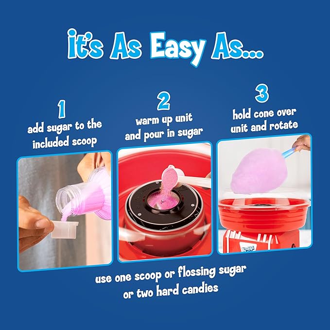 Kool-Aid Cotton Candy Machine - Fun Cotton Candy Machine for Kids with 2 Reusable Cones, 1 Sugar Scoop, and 1 Extractor Head – Red