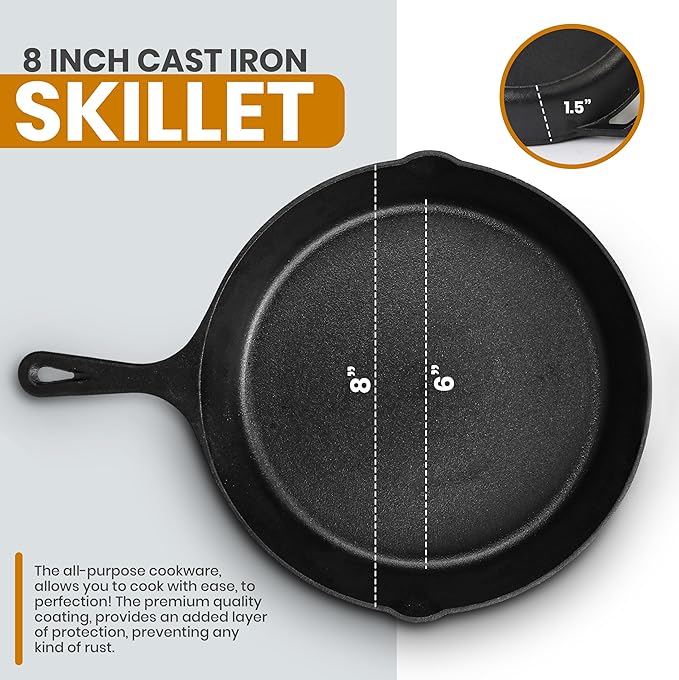 Utopia Kitchen Saute Frying Pan 8 Inch, Cast Iron Chefs Pan, Pre Seasoned Cast iron Skillet With Lid, Safe Grill Cookware for Indoor & Outdoor Use, Black