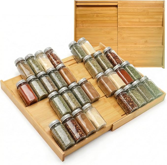 Bamboo Spice Drawer Organizer – Expandable 4 Tiered Spice Rack Insert for Kitchen Drawer – Premium Bamboo Seasoning Organizer for Drawer Storage (Need 3" Deep Drawer)