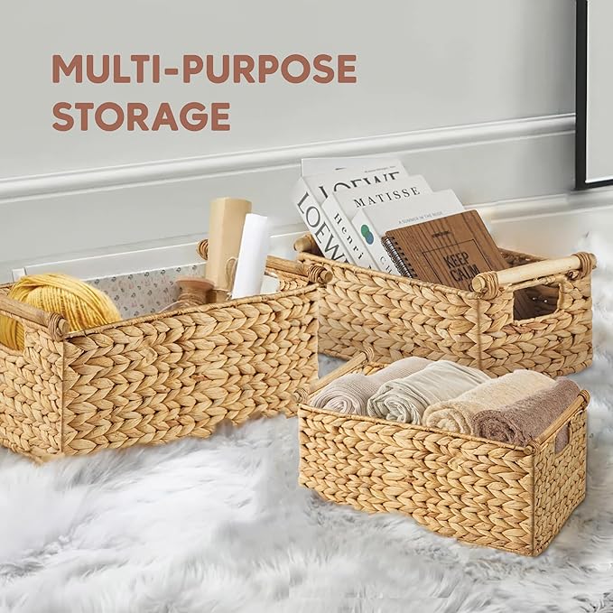 Greenatural Water Hyacinth Storage Baskets Set of 3, Handwoven Rectangular Organizer with Wooden Handles, 3 Different Sizes, Nested Wicker Bins for Shelf, Bathroom, Kitchen, Office, Natural Home Decor
