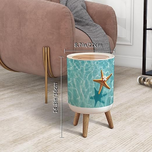 Trash Can with Lid Starfish Flower Summer Beach sea Water Summer Press Top Round Small Garbage Bin with Wooden Legs Waste Basket for Kitchen Bedroom Nursery 7L/1.8 Gallon