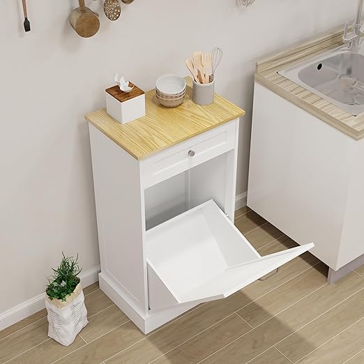 Wooden Simple Style Kitchen Trash Cabinet, Wooden Frame with Drawers and Tilt-Out Trash Cabinet for 10 Gallon Trash Cans 19.69'' W x 13.78'' D x 35.43'' H (White-021)