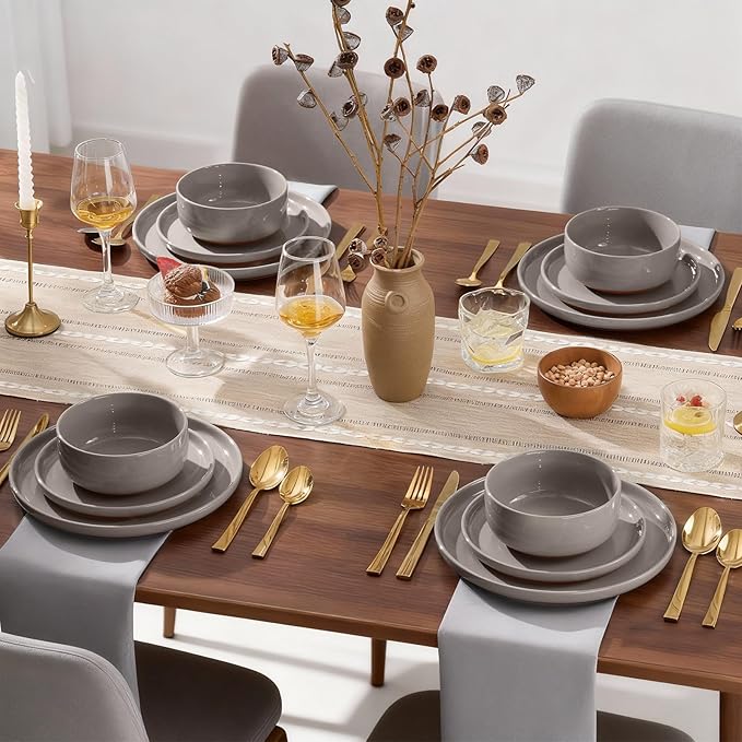 E-far 24-Piece Ceramic Dinnerware Sets, Plates and Bowls Sets for 8, Stoneware Dishware Dishes Set with Terracotta Base, Chip & Scratch Resistant, Microwave & Dishwasher Safe, Speckled Khaki