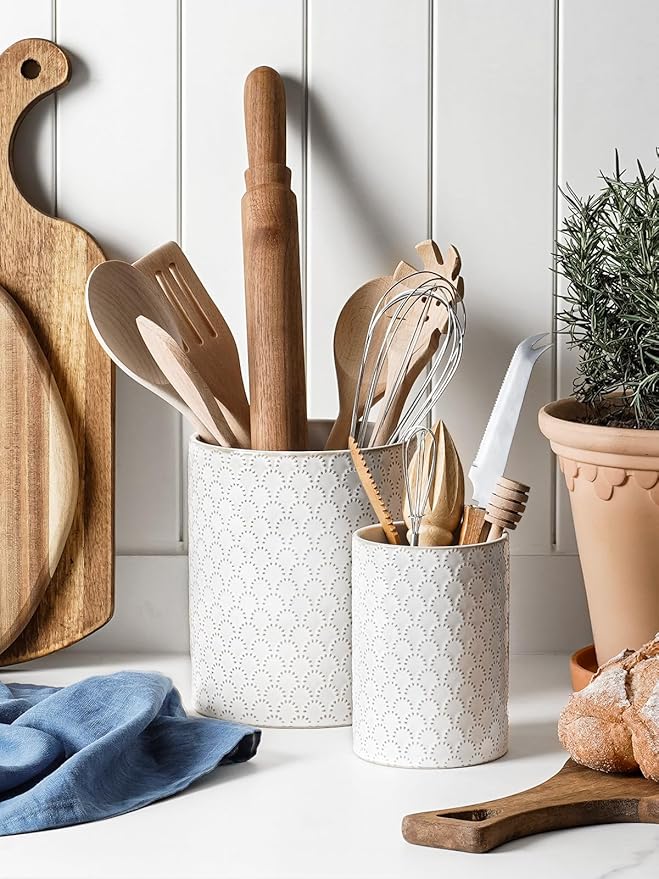 LE TAUCI Utensil Holder for Kitchen Counter - 7.1"+5.4" Ceramic Kitchen Utensil Holder Set of 2, Large Cooking Utensil Crock & Organizer for Spatula, Spoon - Embossed Kitchen Decor, White,Fireworks