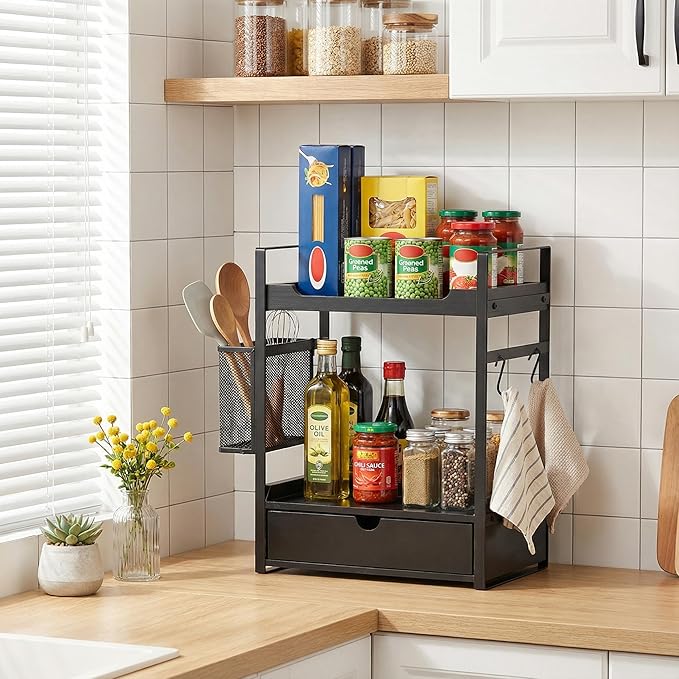 Coffee Station Organizer Countertop, Wooden Coffee Bar Accessories Organizer with Basket, 2 Mug Holder Hooks and Pod Drawer, Multifunctional 2 Tier Countertop Organizer for Kitchen, Bathroom, Office