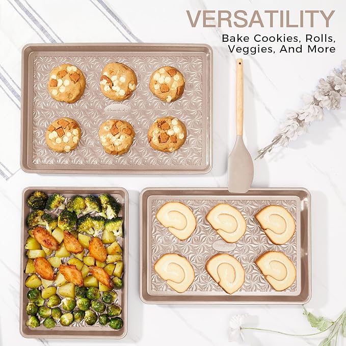 HONGBAKE Nonstick Baking Sheet Pan Set of 3, Cookie Sheets for Oven, Non-Toxic Half/Quarter/Jelly Roll Pans with Floral Swirl Texture, Heavy Duty 0.8mm Thick Oven Trays for Cooking, Champagne Gold