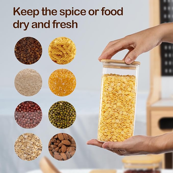 D2scrma 52oz Airtight Glass Square Storage Canister with Bamboo Lid Set of 3 (1550ml) Container Stackable Spice Jar, Kitchen Canister for Flour, Cookies, Cereal and Coffee beans (‎with Black Lable)