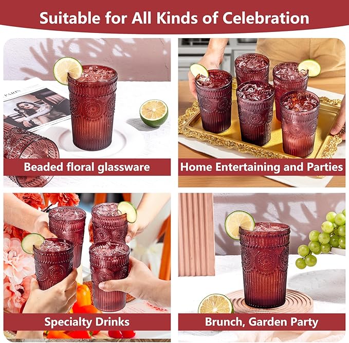 Ciaell 12 Pack Romantic Plastic Water Glasses - 14 Oz Burgundy Vintage Drinking Glasses, Embossed Ribbed Plastic Cups, Textured Striped Set for Juice, Beverages, Beer, Cocktail