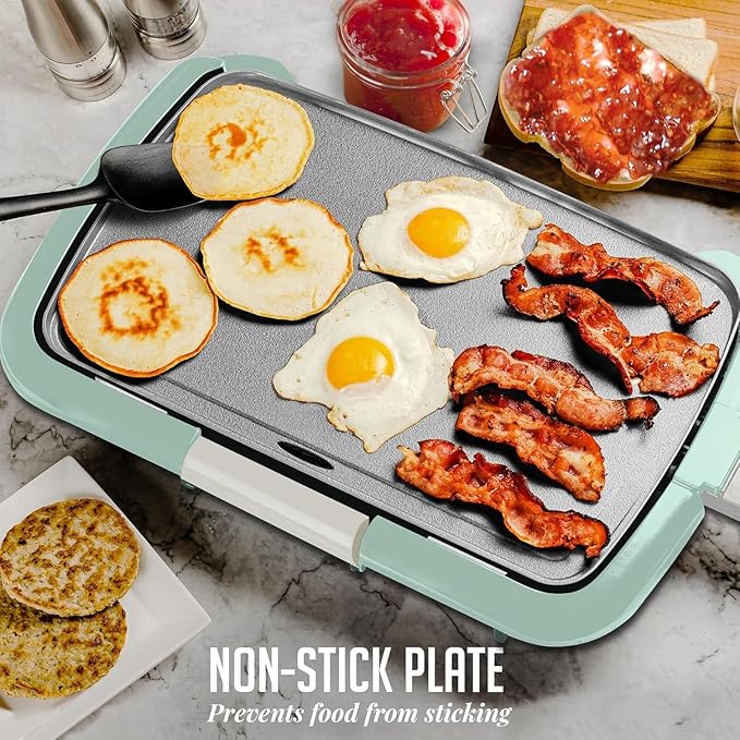 OVENTE Electric Griddle with 16 x 10 Inch Flat Non-Stick Cooking Surface, Removable and Adjustable Temperature Control, Indoor Grill for Instant Breakfast, Pancakes, Eggs or Burgers, Blue GD1610LBL