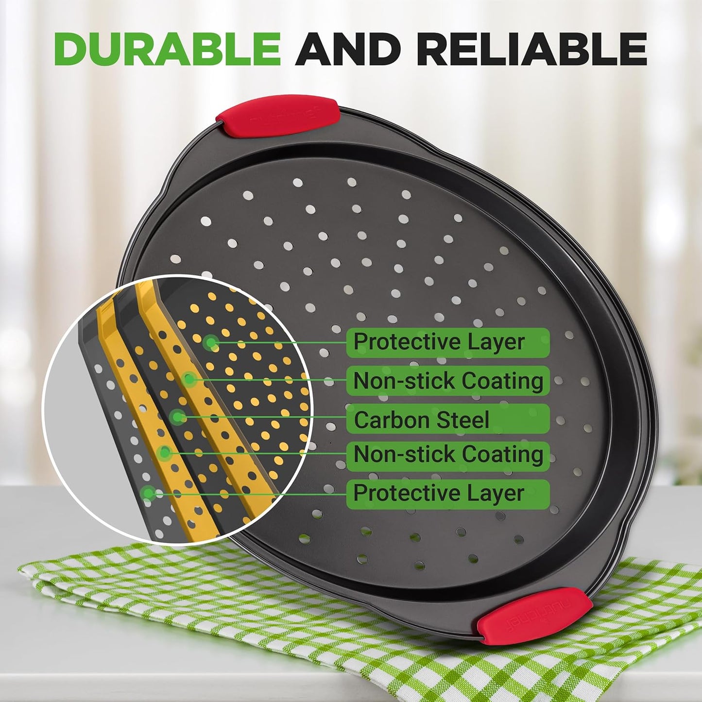 NutriChef 13-Inch Nonstick Pizza Tray - Round Carbon Steel Non-Stick Pizza Baking Pan with Perforated Holes, Premium Bakeware Pizza Screen with Silicone Grip Handles, Dishwasher Safe - NCBPIZ1