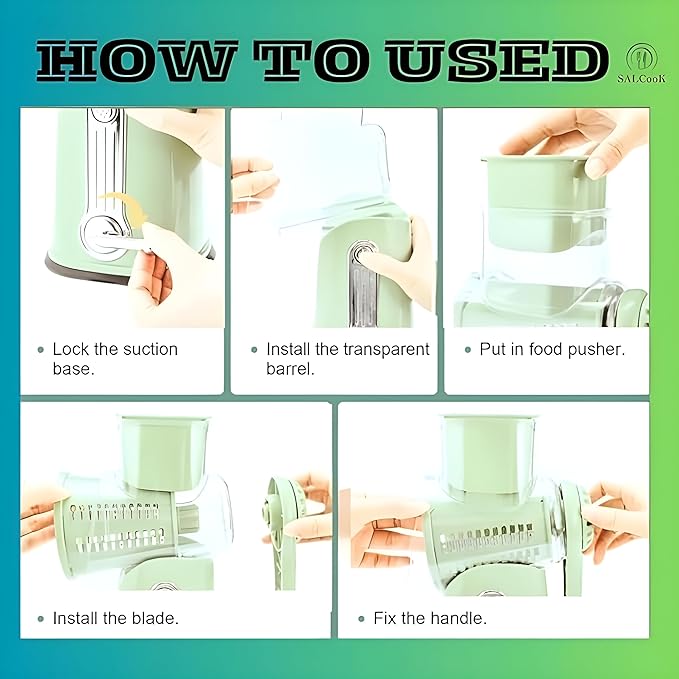 5-in-1 Manual Rotary Cheese Grater with Handle – Stainless Steel Blades for Slicing, Shredding, Grinding & Wavy Cuts – Strong Suction Base, Blade Storage Box – Green