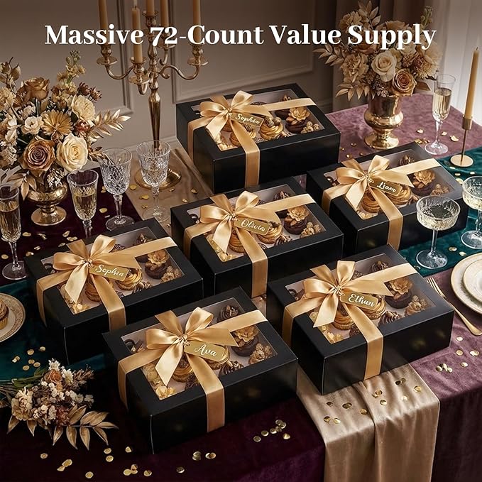 VGOODALL 12 Count Cupcake Boxes, 6PCS Cupcake Containers with Window Black Pastry Boxes for Birthday Holiday Party Bakery Supplies