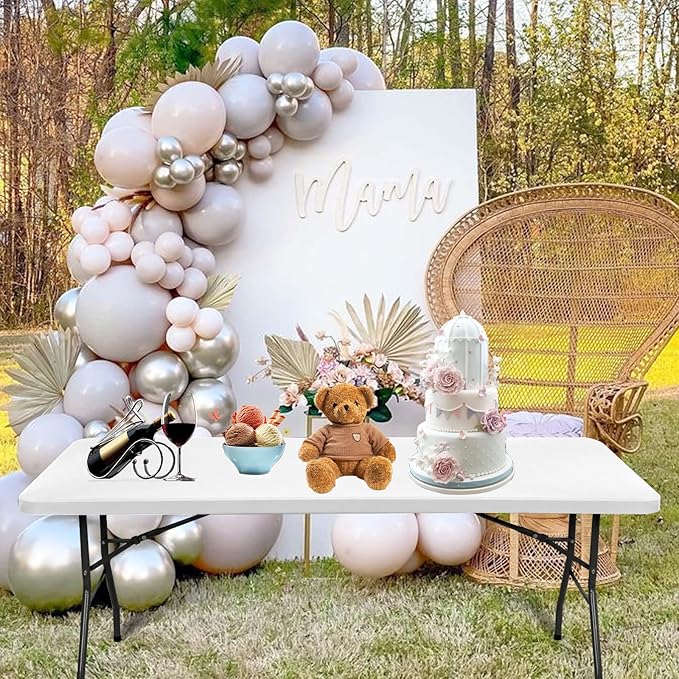 6 Pack Stretch Fabric Table Top Cap Cover, fits 8' Tables, Spandex Table Covers Washable Elastic Universal Rectangle Tablecloth Protector for Indoor Outdoor Party Picnic Wedding, White, 30" W x 96" L