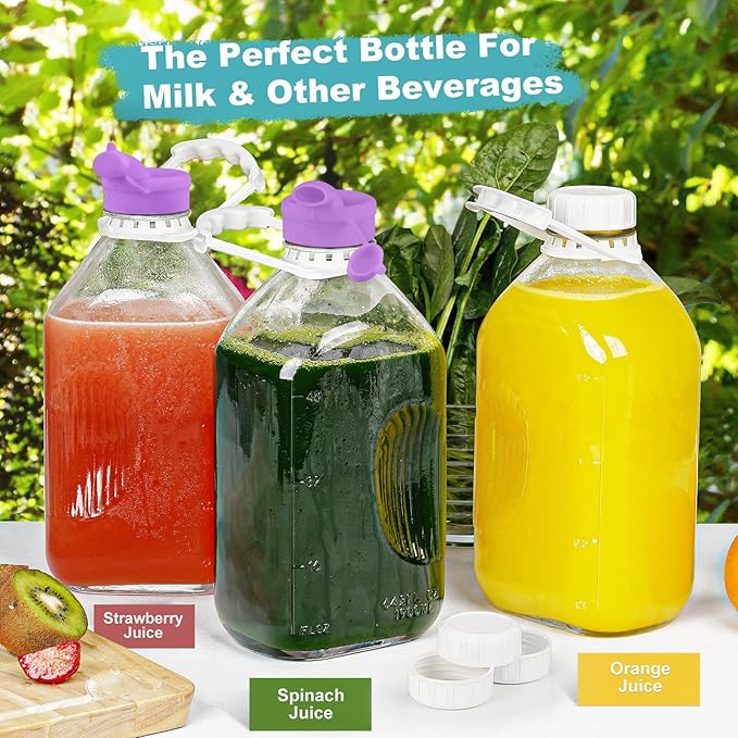 Ritayedet 3 Pack 64 Oz Heavy Duty Glass Milk Bottle with 2 Silicone Spouts, 4 Handles and 4 Reusable Airtight SCREW LIDS, 2 Qt Glass Water Bottle with 2 Exact Scale Lines - Milk & Juice Jug Pitcher