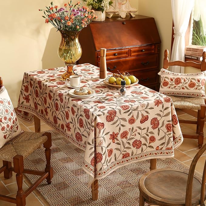 ISAENNE Designer French Small Square Tablecloth,Linen Orange Floral Pattern Indoor Table Cloth,Wrinkle Resistant Decor Table Cloth for Dining Thanksgiving Kitchen Party,55"*55"-Alvarado D