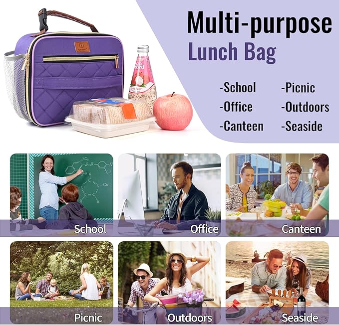 Genteen Lunch Box for Women Adults Girls - Insulated Small LunchBox Reusable, Zip Closure & Buckle Handle, Portable Cooler for Work, School, Travel (Purple)